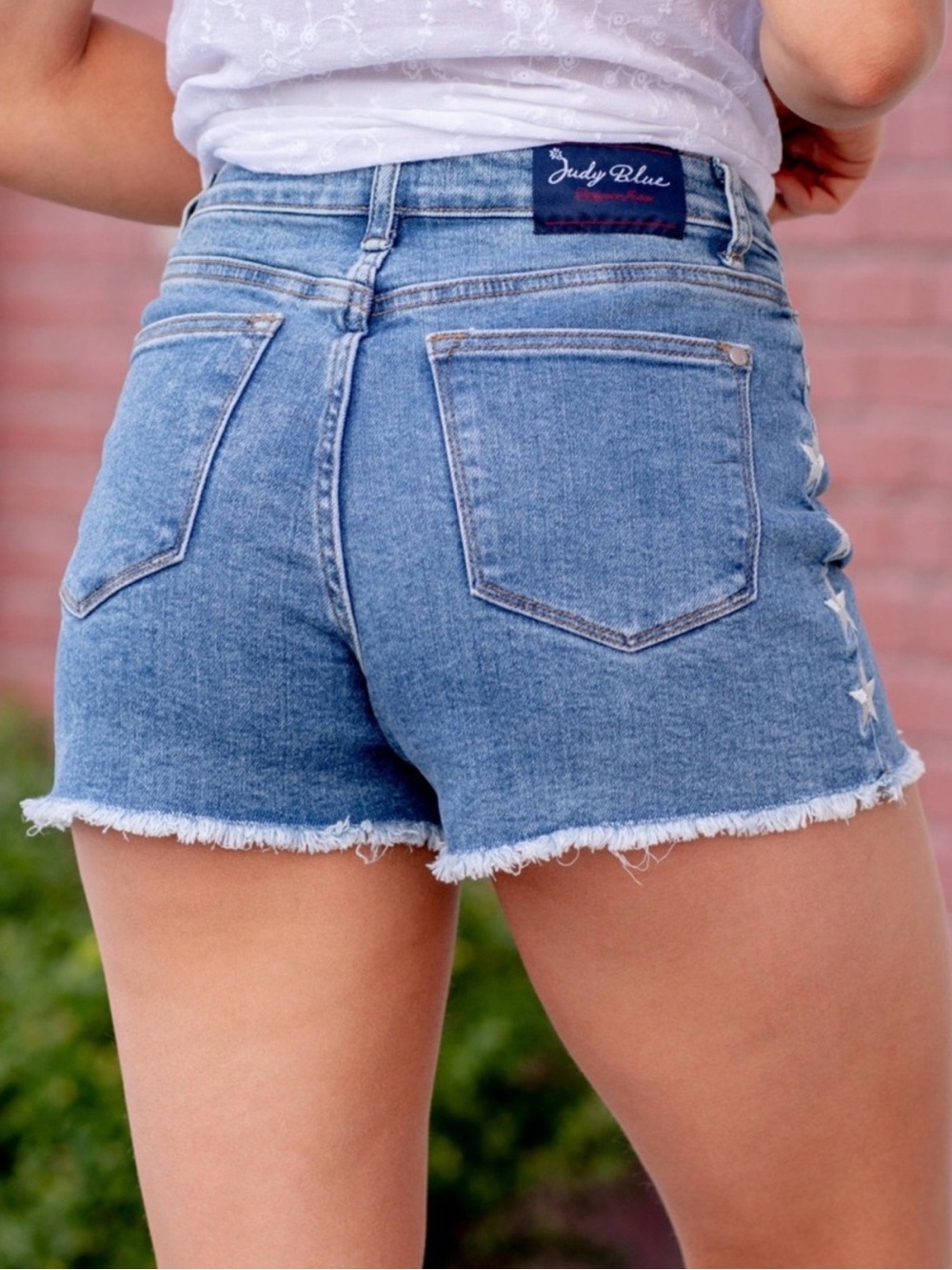Judy Blue Light Blue Star-Accented Frayed Hem Denim Shorts - Picture 3 of 8